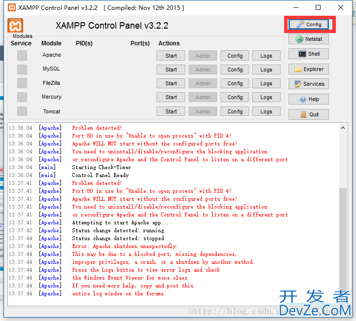 xampp安装后Apache无法启动解决办法