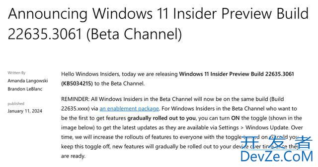 Win11 Beta 预览版 Build 22635.3061 发布(附KB5034215更新内容汇总)