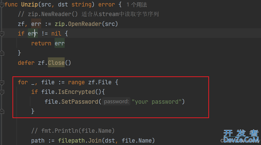 golang解压带密码的zip包的方法详解